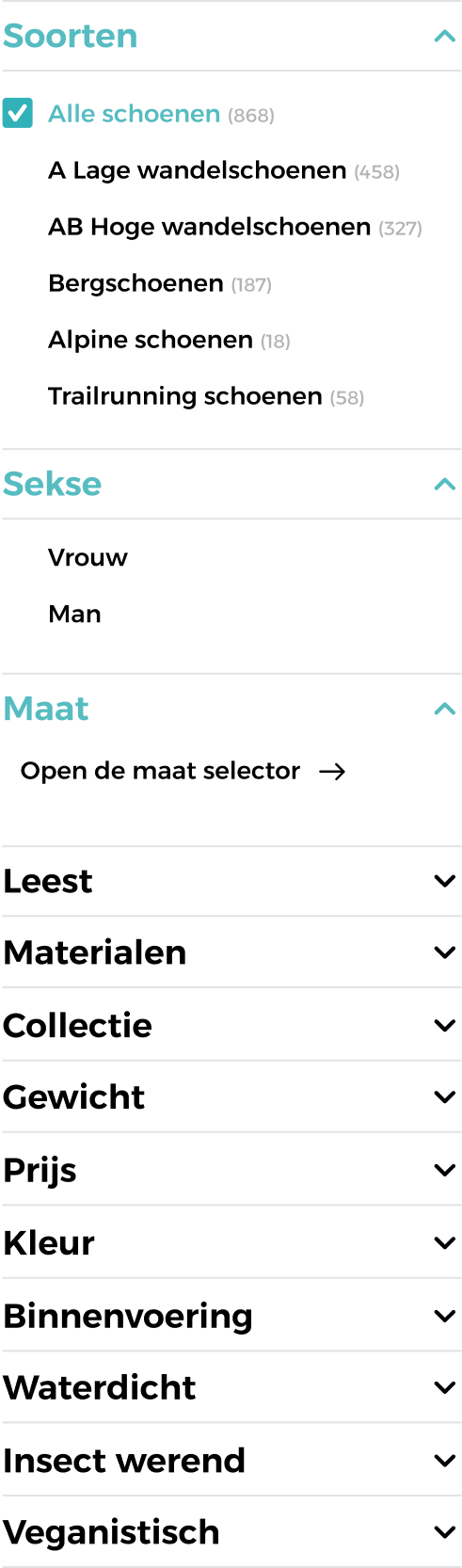 Product Listing Overview – Filter Menu Details